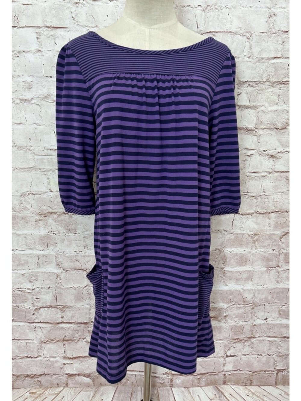 Xhilaration Womens L Casual Knit Tunic Top Shirt Purple Striped Big Pockets NEW
